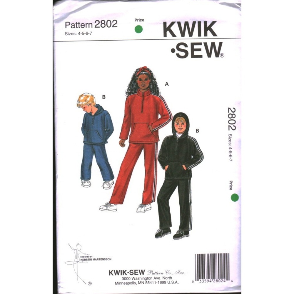Kwik Sew 2802 Boys Girls Shirts Pants Sewing Pattern Hooded Top Fleece Size 4-7